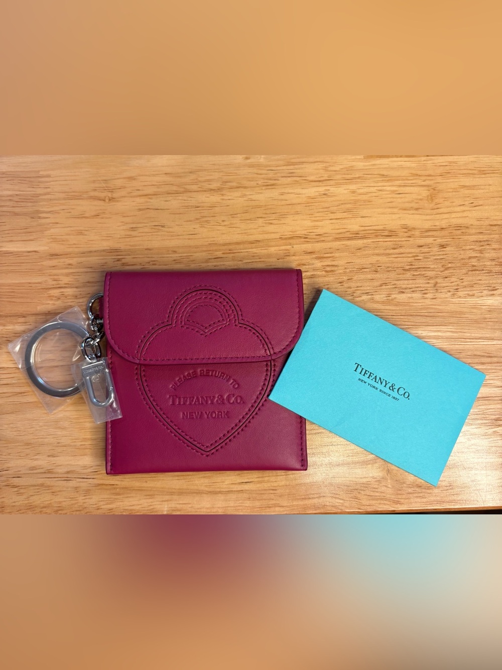 Tiffany & Co. Fuschia Heart Embossed Leather Wallet with Keyring